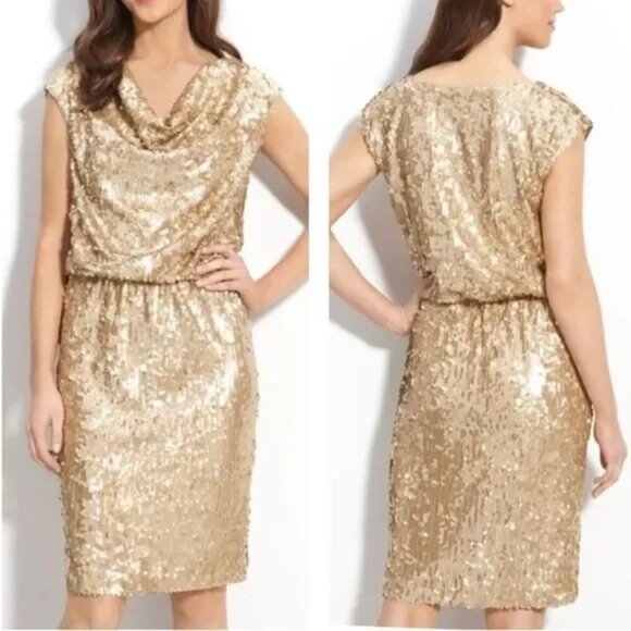 Eliza J Gold Sequin dress Metallic Drape Neck EJ2M2699 Women's Size 8 - Picture 1 of 12